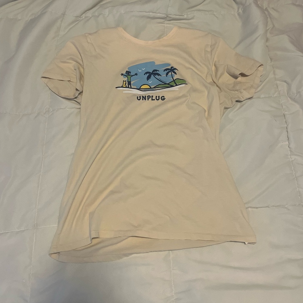 Life Is Good Beige Tee with Beach Graphic